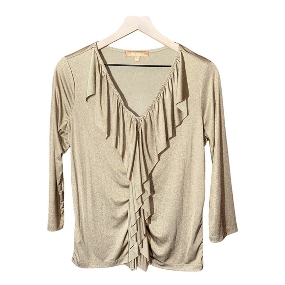 Ellen Tracy Gold Metallic Shimmer Ruffle V Neck Blouse - Size M - Picture 1 of 4